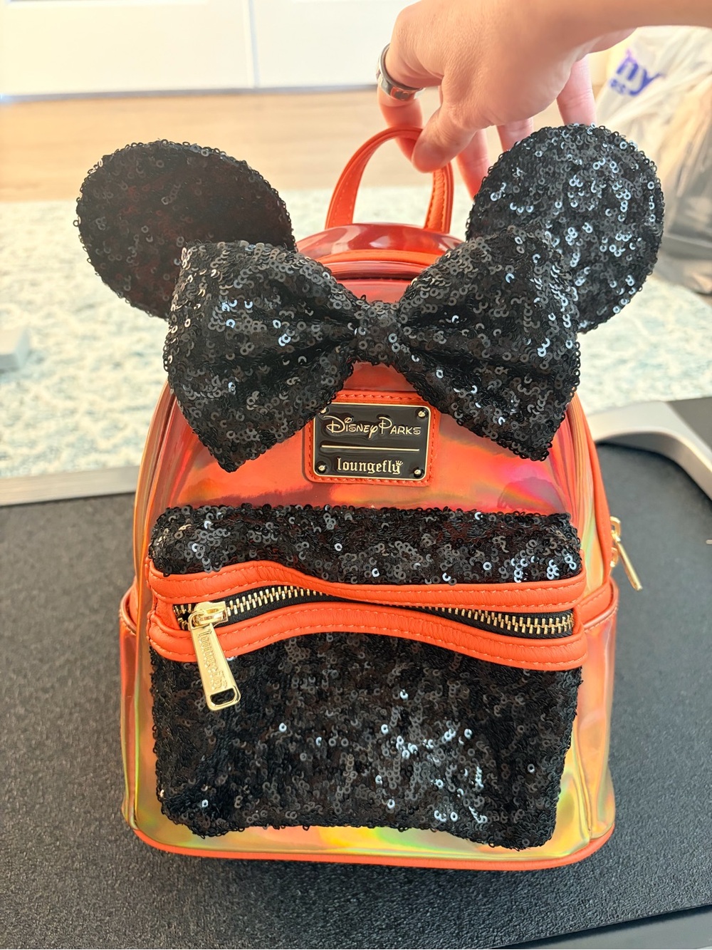 Loungefly Disney Parks Iridescent Minnie Backpack Halloween Orange/Black Sequin